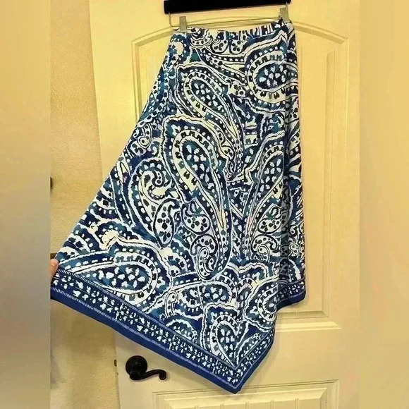 Chico's Blue Paisley Handkerchief Skirt Asymetrical Maxie Stretch Pull On Medium - Picture 4 of 6